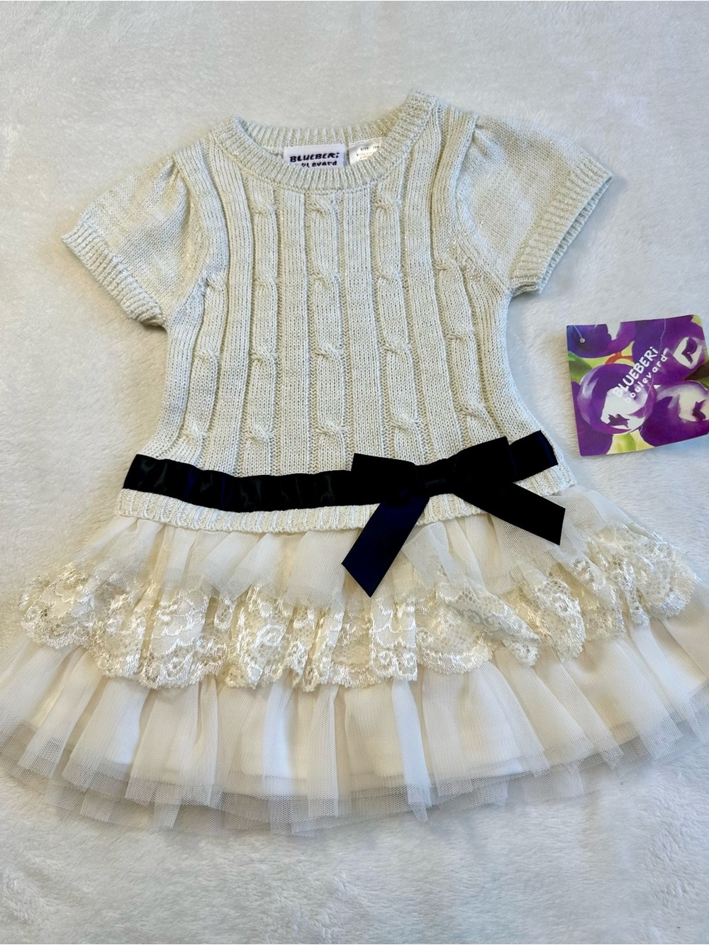 Blueberi Boulevard Ivory Knit Dress with Black Bow, Tulle, Lace Accent